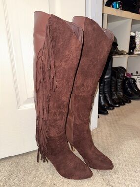 VENUS Brown Suede Over-the-Knee Fringe Boots